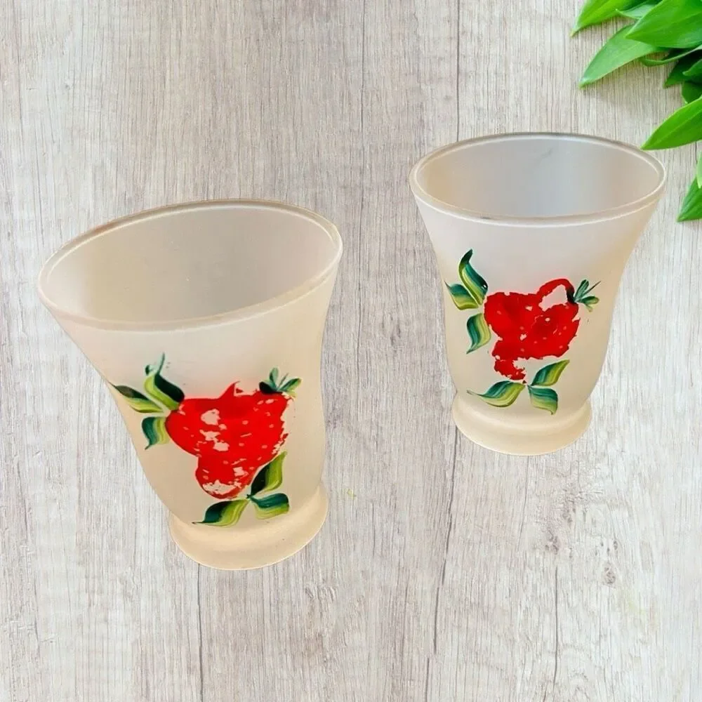 Vntg Hand Painted Strawberries Frosted Glass Juice Set 1950s Mid Century Modern